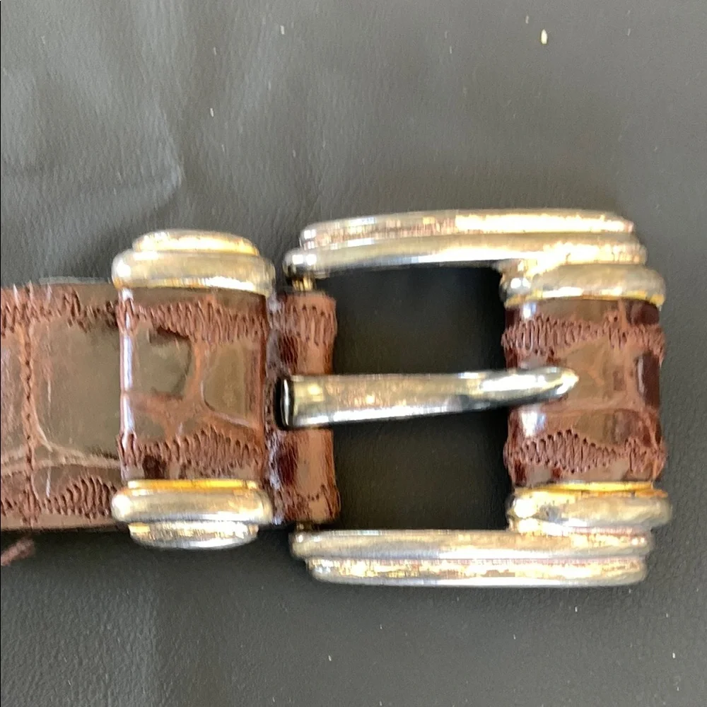 La Doppia Vita Brown Croc Embossed Leather Double Prong Belt